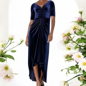 Adrianna Papell Navy Velvet Hi Low Gown V Neck Ruched Bodice NWT Sz 12